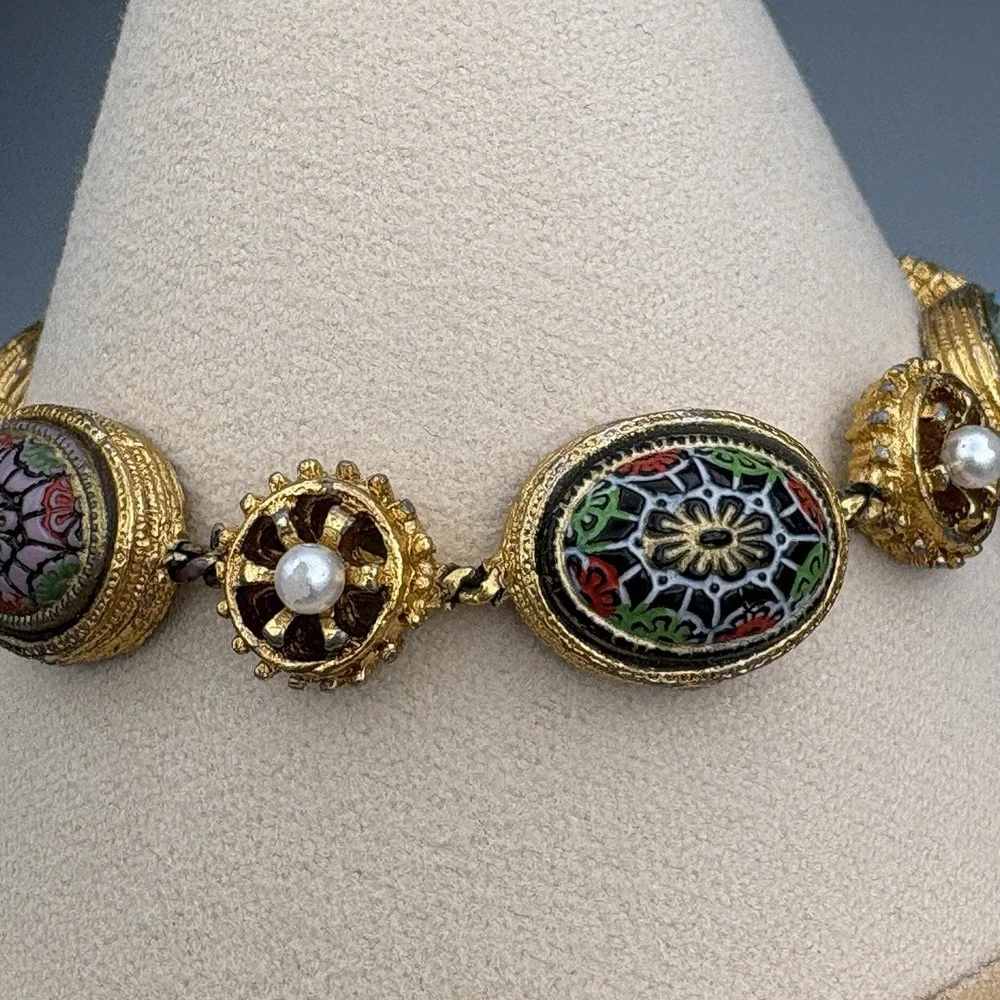 Vintage Renaissance LInk Bracelet Molded Glass Faux Pearl Moroccan